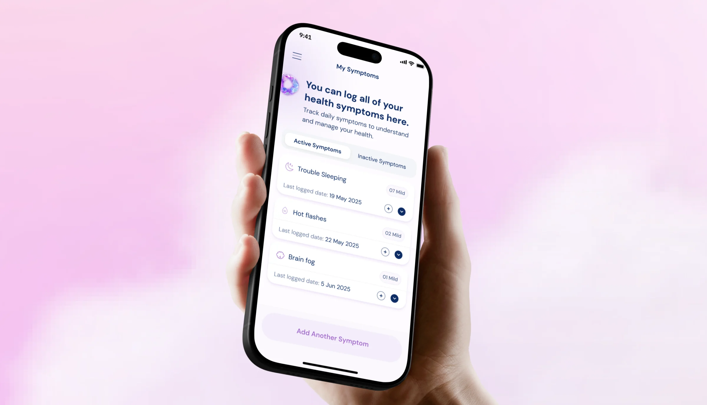 MetaPause symptom tracking app displayed on a phone