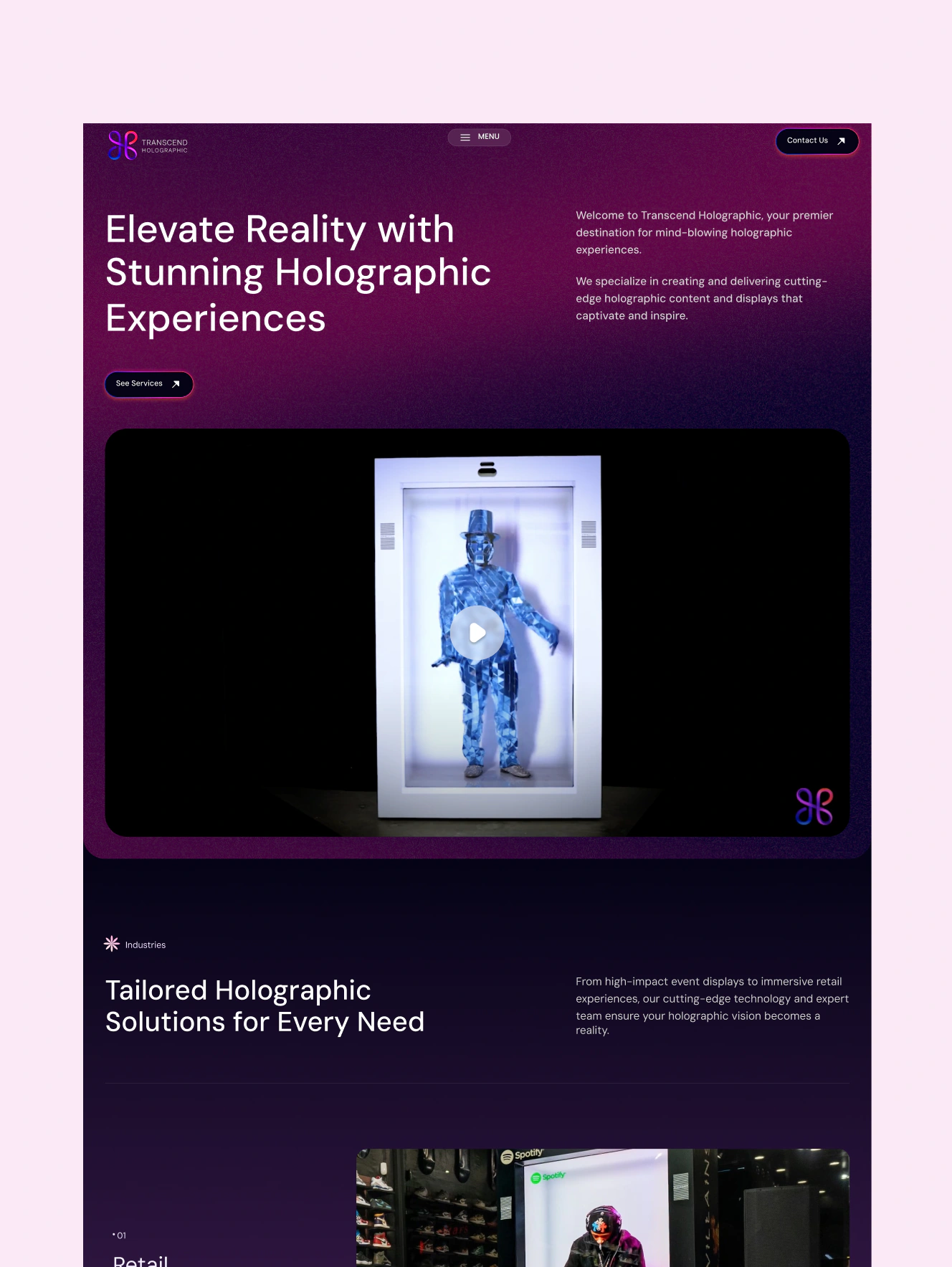 Transcend holographic website homepage